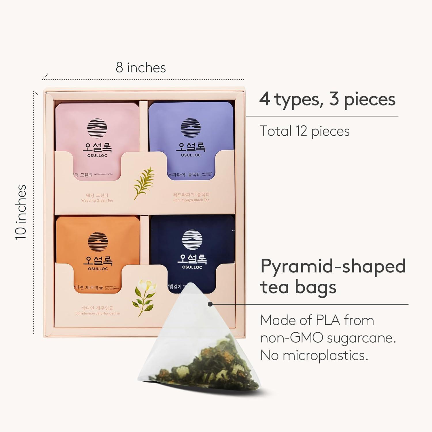 OSULLOC Lovely Tea Gift Box Set (12 count, 4 flavors x 3 EA) | Premium Blended Tea from Jeju | Korean Tea Sampler | Fruit Tea Variety Pack | Pyramid Tea Bag Series