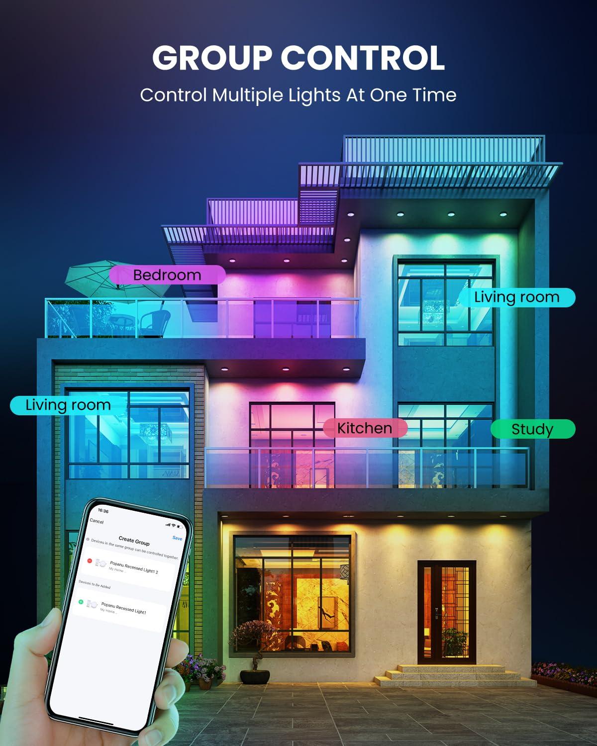 LEDVANS 4 Inch Smart Recessed Light, Color Changing Rgbcw, Voice Control (Set of 4) F-80425