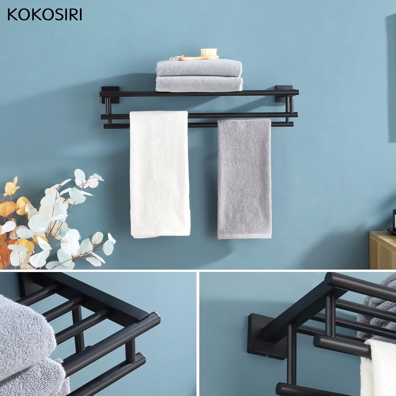 KOKOSIRI Bath Towel Rack with Double Towel Bars Bathroom Towel Shelf 24 Inch Towel Holder Wall Mounted Stainless Steel, Matte Black, B6005BK-L24