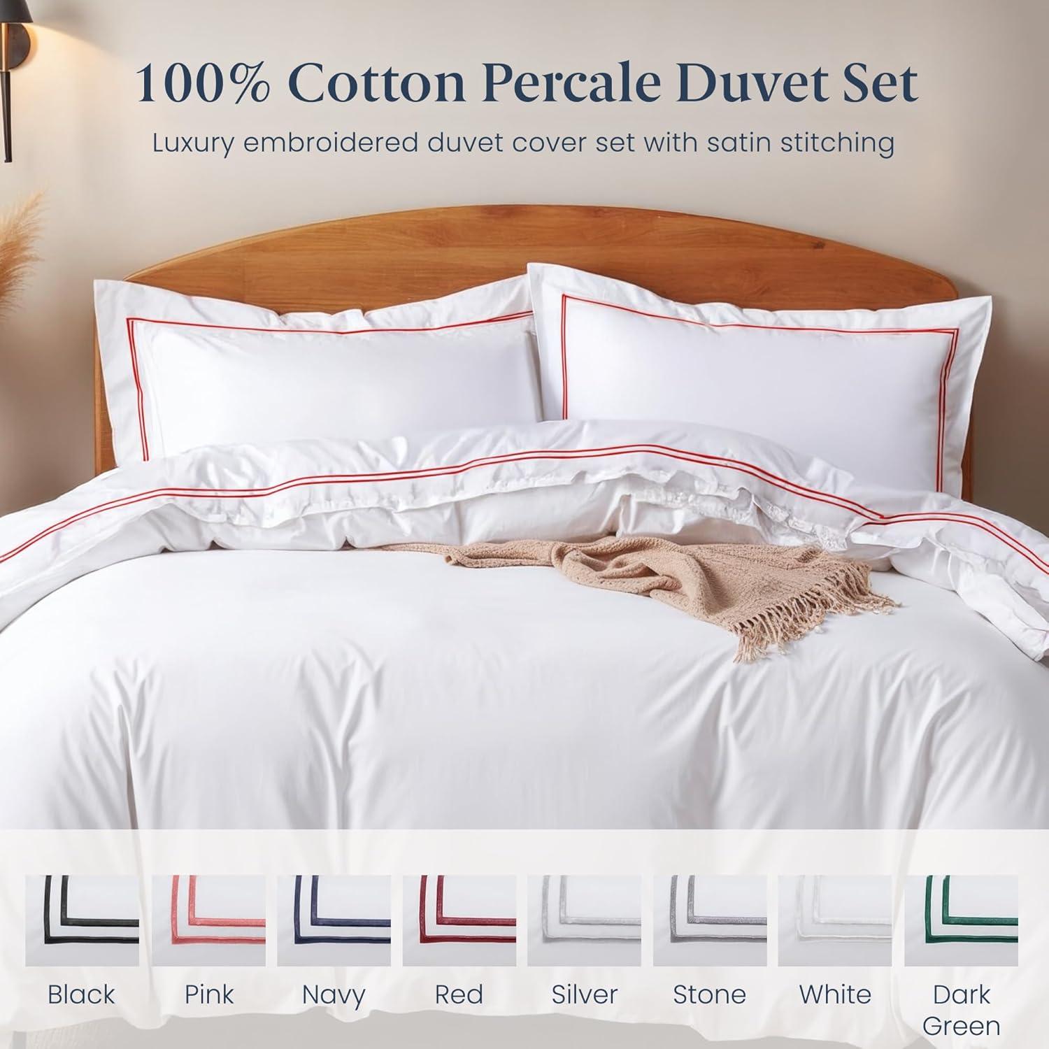 Ella Jayne 100% Cotton Percale 3 Piece Duvet Set, Full/Queen, White with Garnet Red Satin Stitching