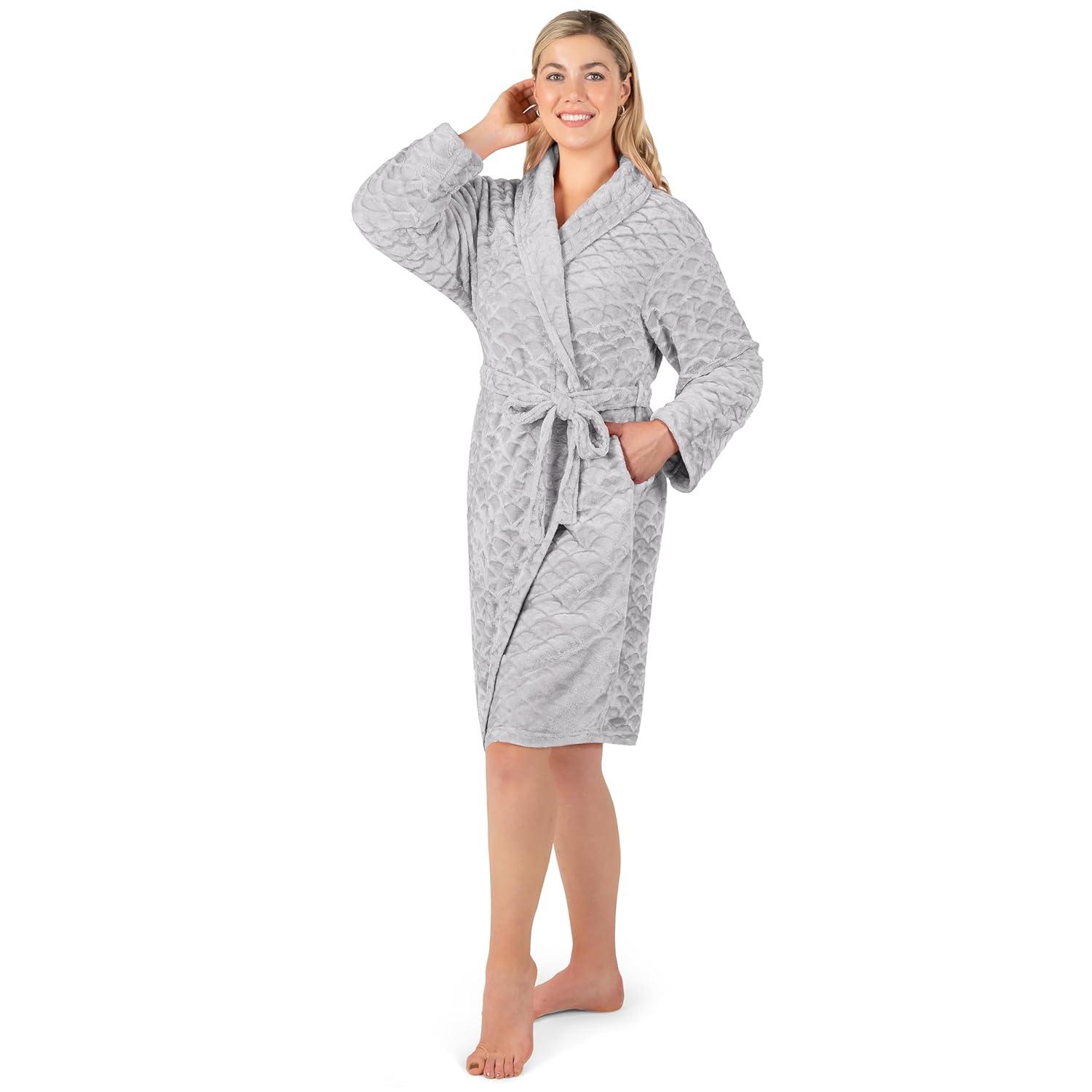 PAVILIA Short Robes for Women, Plush Soft Bathrobe Womens Lightweight, Fluffy Fuzzy Robe Knee Length, Shower Spa (Light Grey, Small-Medium)