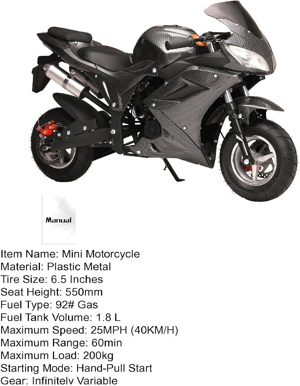 Mini Pocket Bike Motorcycle 49cc 4-Stroke Gas Bike Motorbike with Front Rear Disc Brakes, Gas Pocket Motorbike Racing Max Speed 25MPH, Dual Headlights Black