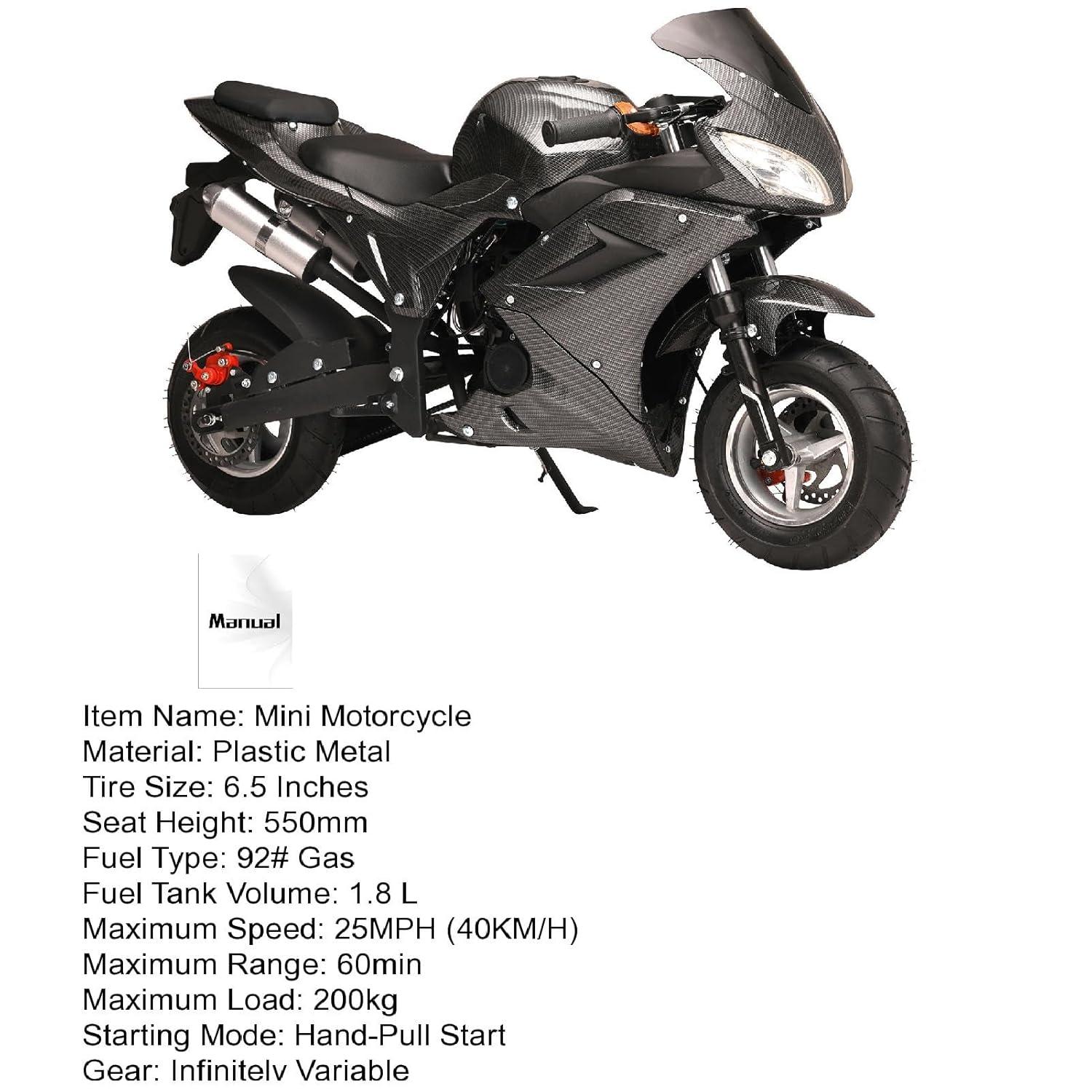 Mini Pocket Bike Motorcycle 49cc 4-Stroke Gas Bike Motorbike with Front Rear Disc Brakes, Gas Pocket Motorbike Racing Max Speed 25MPH, Dual Headlights Black