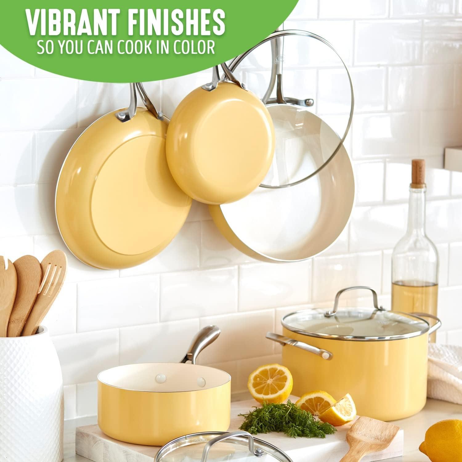 GreenLife Artisan Healthy Ceramic Nonstick, 12 Piece Cookware Pots and Pans Set, Stainless Steel Handle, PFAS-Free, Dishwasher Safe, Oven Safe, Yellow