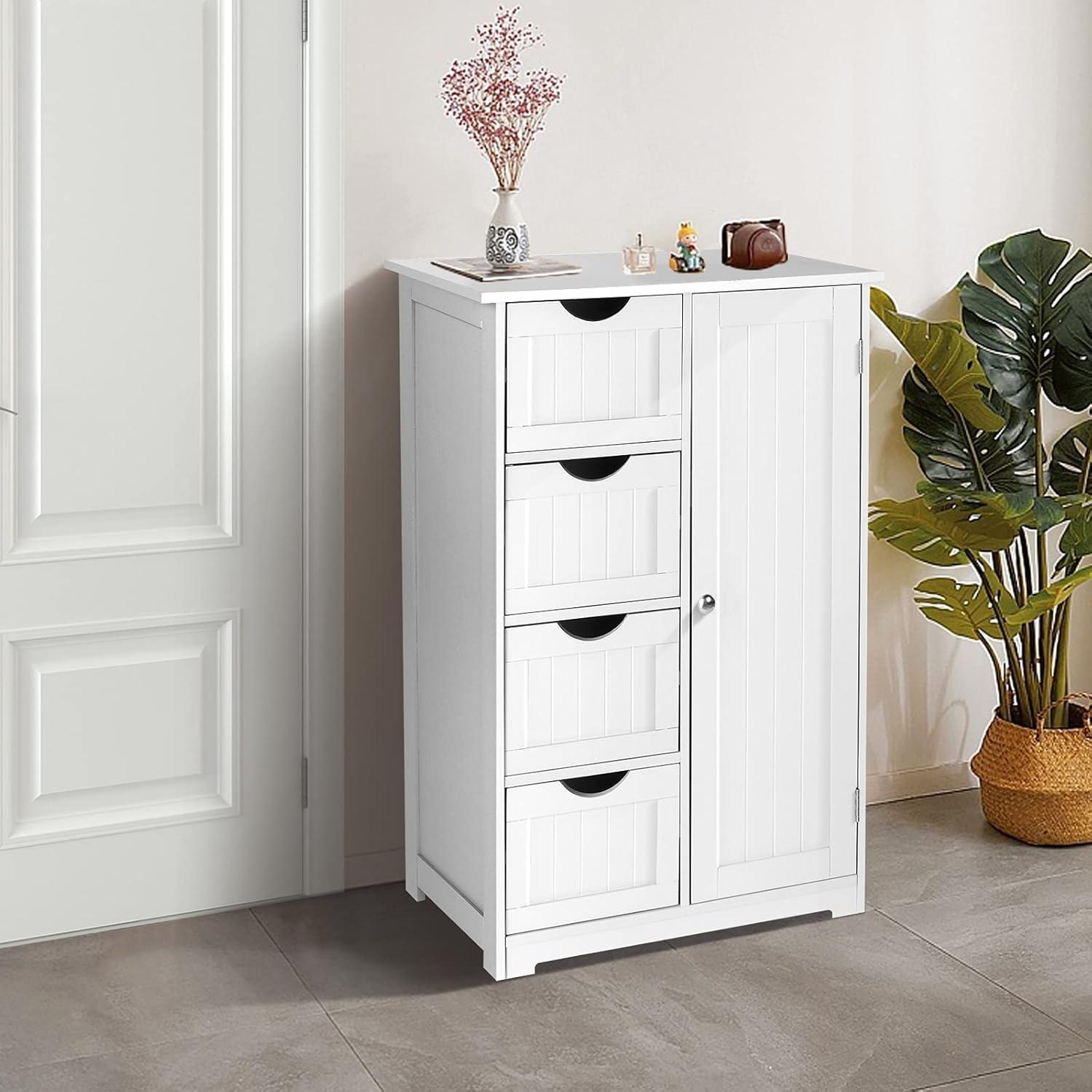 Bonnlo Small Storage Cabinet Wooden Bathroom Floor Cabinet Small Space Furniture White Side Storage Organizer with 4 Drawers and 1 Cupboard Adjustable Shelf 22" W x 11.8" D x 32.3" H