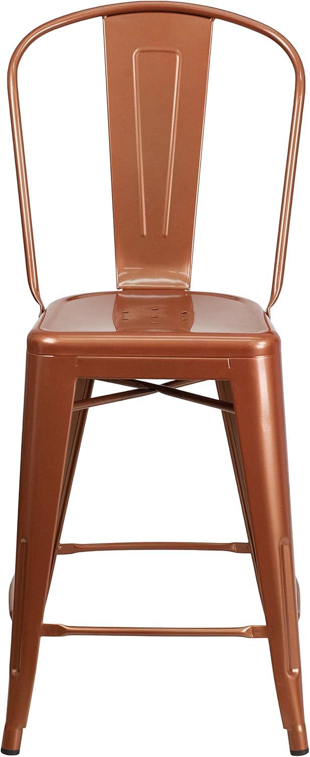 Emma and Oliver Commercial Grade 24"H Teal-Blue Metal Indoor-Outdoor Counter Stool w/ Back