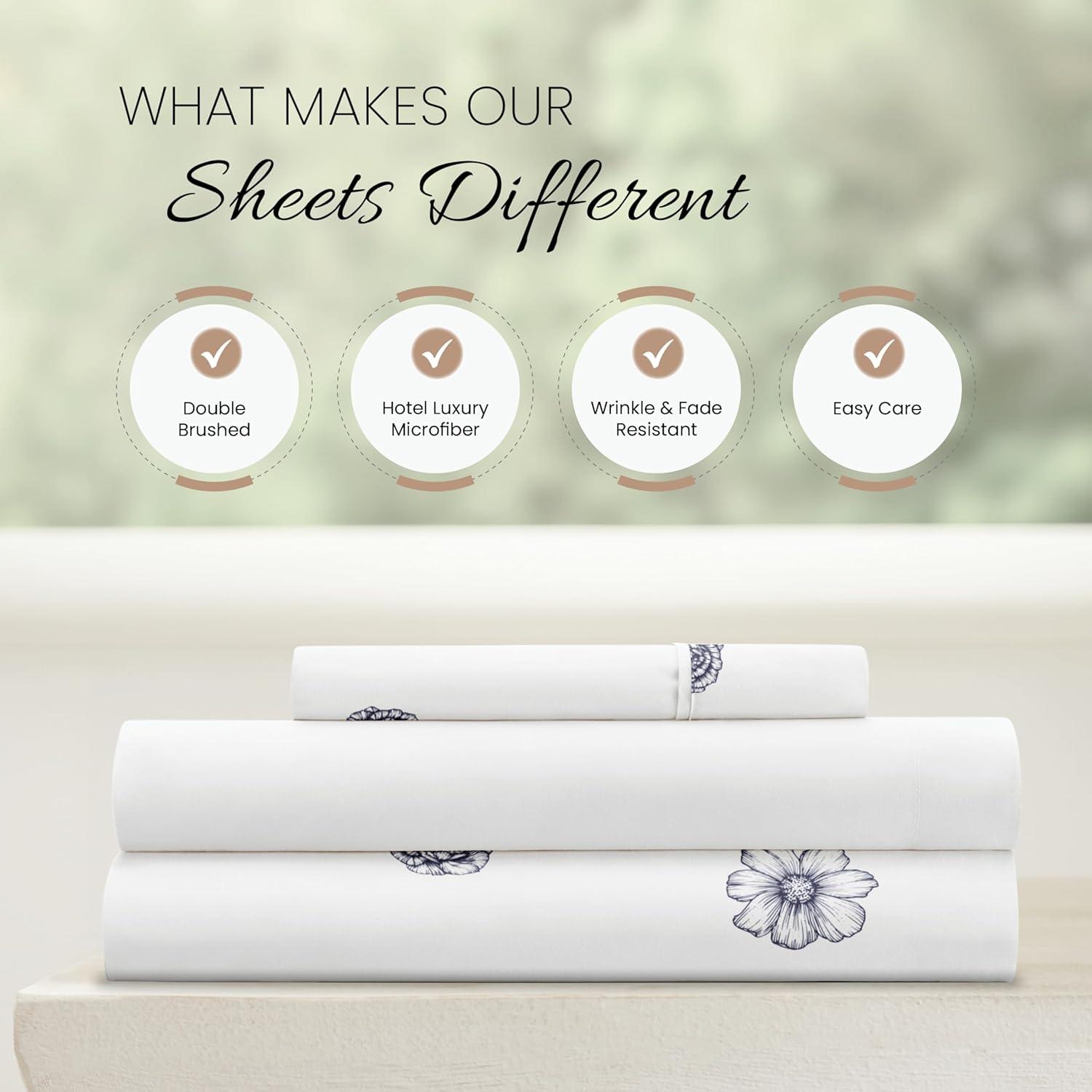 Linen Market Double-Brushed Patterned Microfiber Twin Sheet Set 3 Piece – Oeko-TEX Certified Ultra Soft & Wrinkle-Free - 16" Deep Pocket Sheets - Easy Care Twin Size - Indigo Flowers Navy