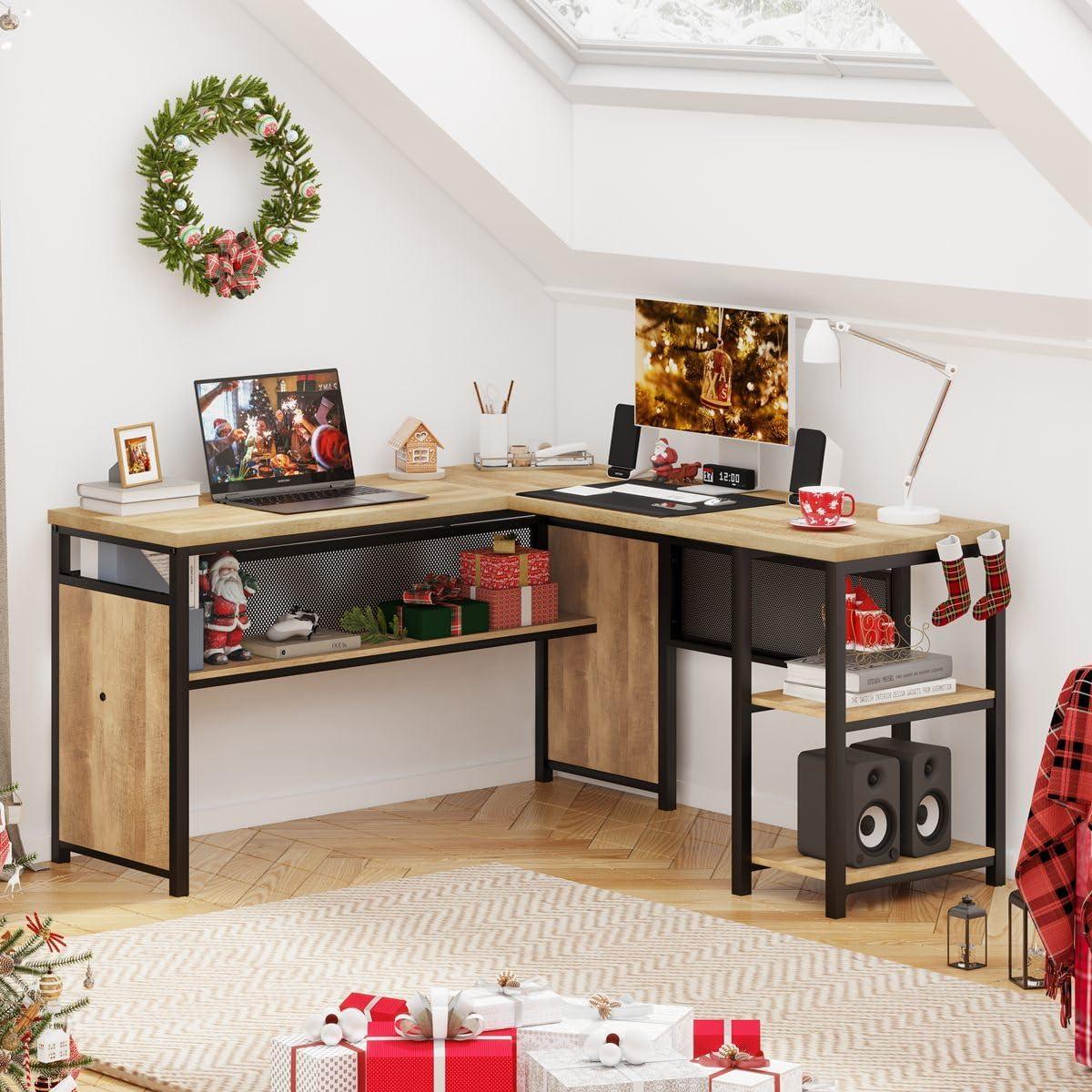 Rustic Oak and Black L-Shaped Corner Computer Desk with Shelves