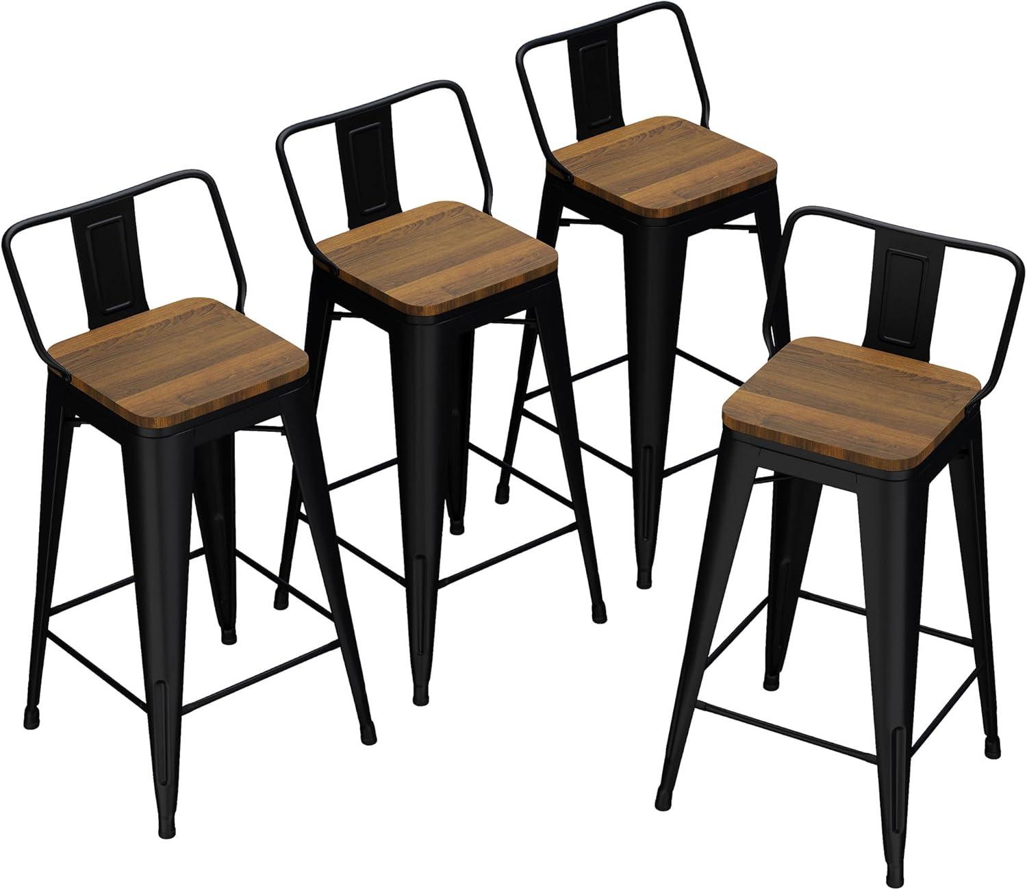 Bar Stools Set of 4 Metal Bar Stool Counter Height Bar Stools 26" Black Modern Bar Chairs with Back and Wooden Seat Bar Stools Counter Height