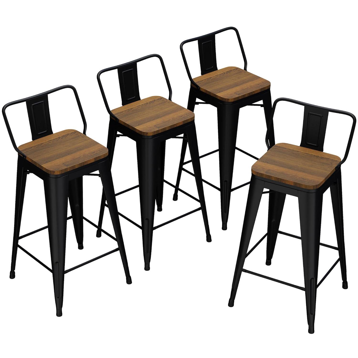 Bar Stools Set of 4 Metal Bar Stool Counter Height Bar Stools 26" Black Modern Bar Chairs with Back and Wooden Seat Bar Stools Counter Height