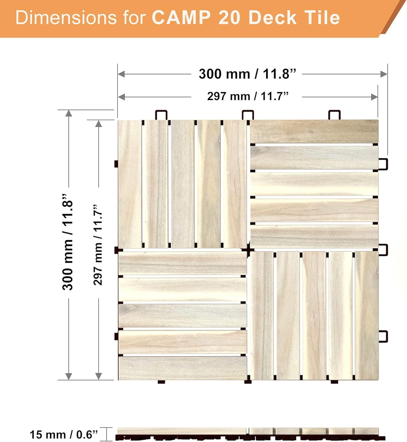 Organic White Acacia Hardwood Interlocking Deck Tiles, 12" x 12", Pack of 10