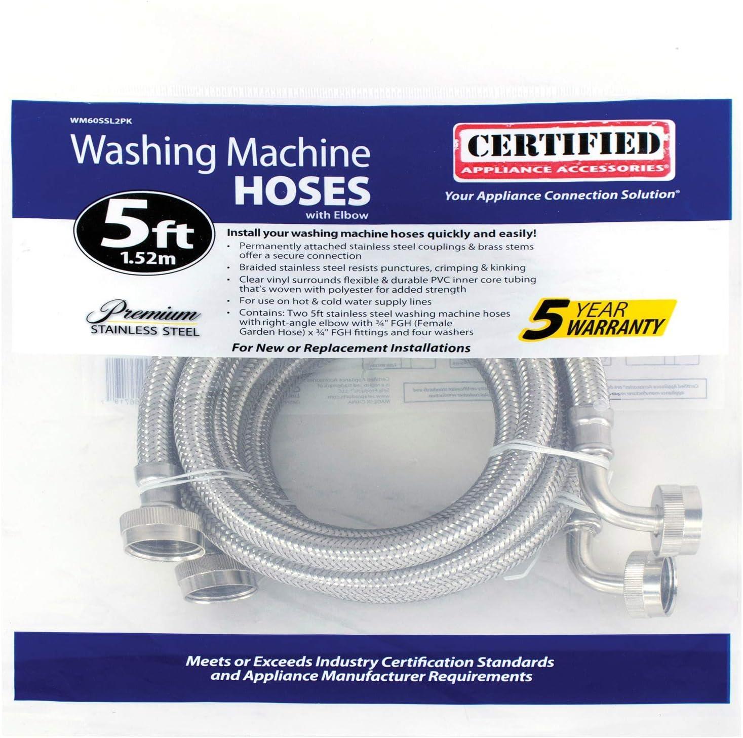 CERTIFIED APPLIANCE WM60SSL2PK Braided Stainless Steel Washing Machine Hoses with Elbow, 2 pk (5ft)