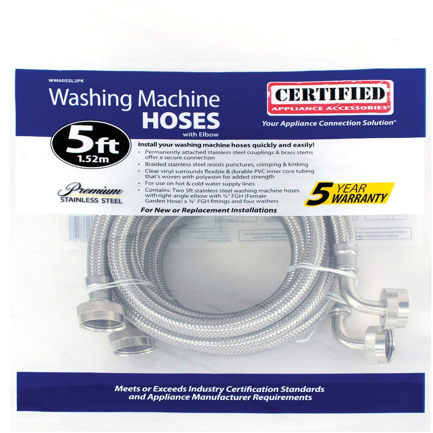 CERTIFIED APPLIANCE WM60SSL2PK Braided Stainless Steel Washing Machine Hoses with Elbow, 2 pk (5ft)