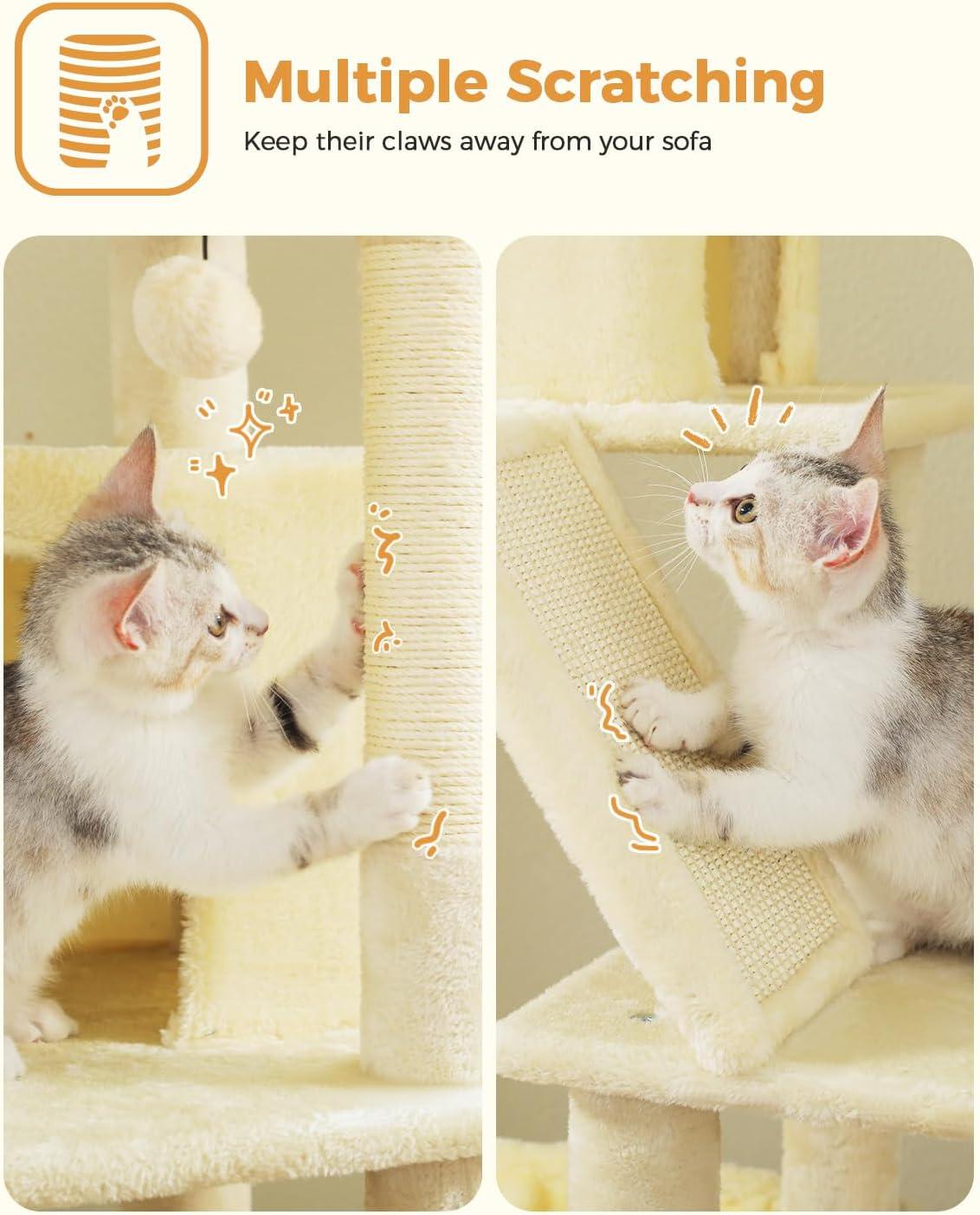 71" Indoor Tall Large Cat Tree Multi-Level Cat House With 2 Big Condo Pad Bed, Cozy Hammock And Scratching Posts