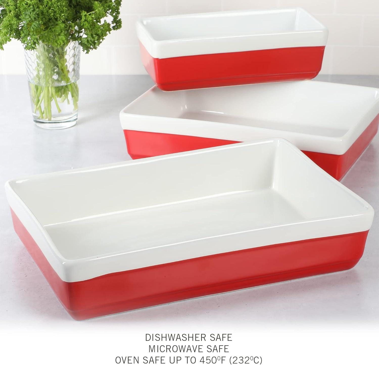 3-Piece Rectangular Stoneware Nesting Baker Set in Red