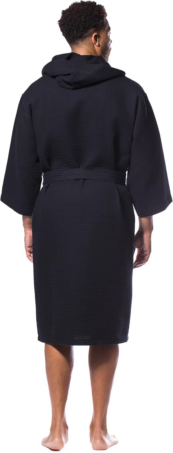 Turquaz Linen Lightweight Long Waffle Kimono Unisex Spa Robe (One Size, Black)