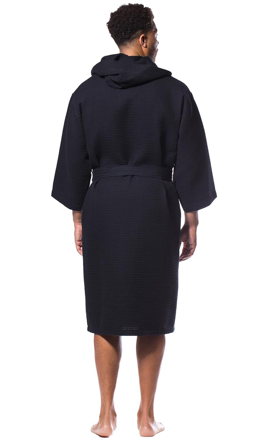 Turquaz Linen Lightweight Long Waffle Kimono Unisex Spa Robe (One Size, Black)