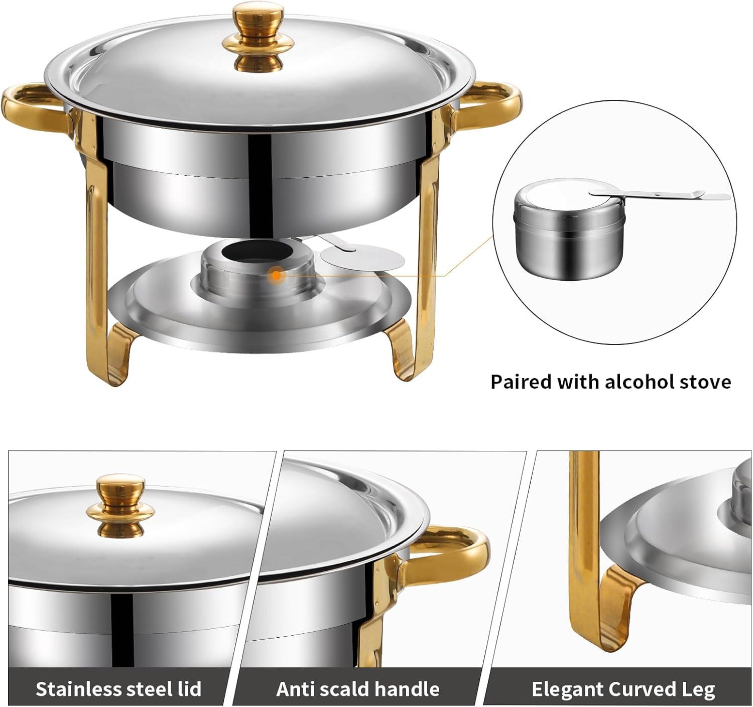 WhizMax Chafing Dish Buffet Set 2 Pack 5QT, Stainless Steel Round Chafing Dishes for Buffet with Lid Holder & Glass Lid, Gold