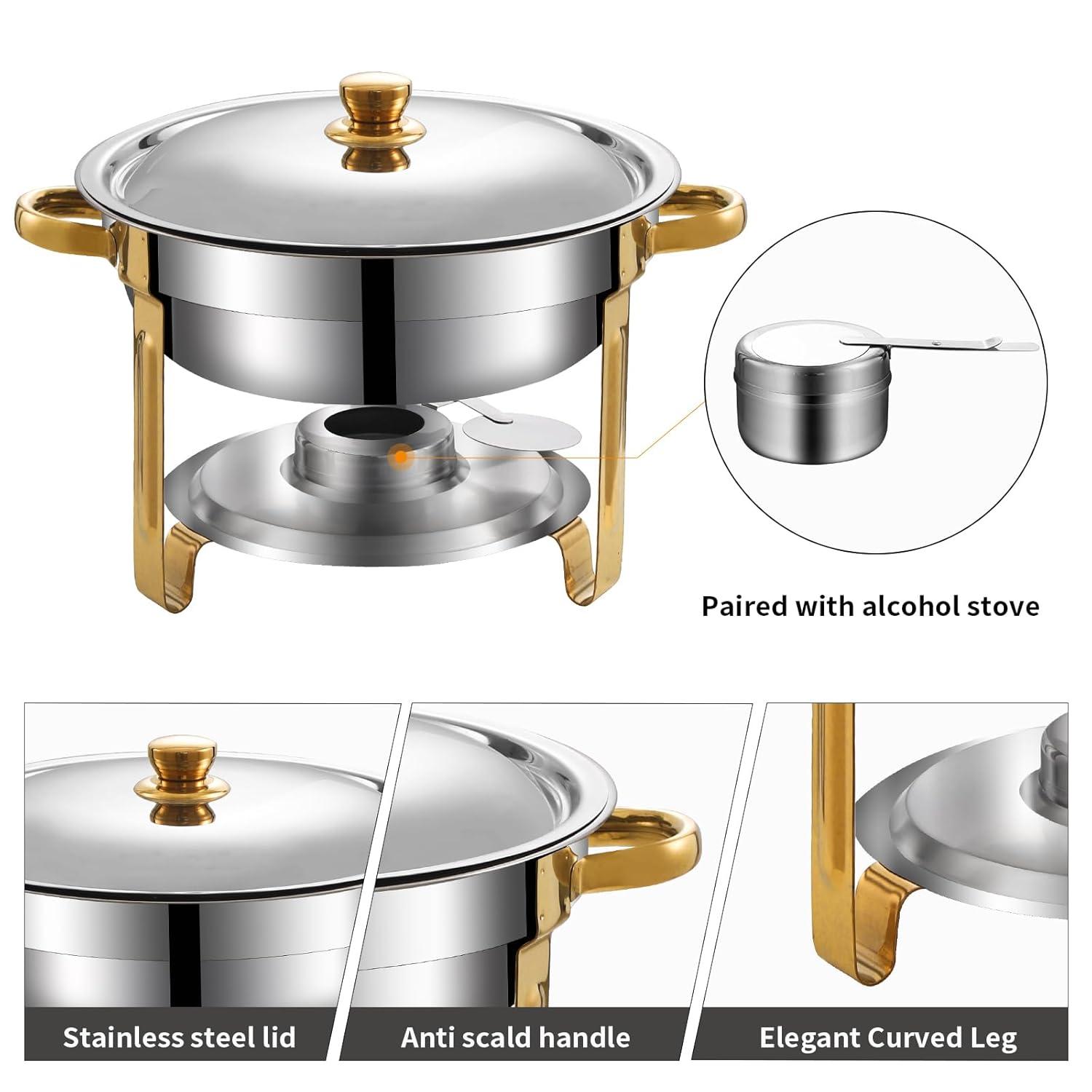 WhizMax Chafing Dish Buffet Set 2 Pack 5QT, Stainless Steel Round Chafing Dishes for Buffet with Lid Holder & Glass Lid, Gold