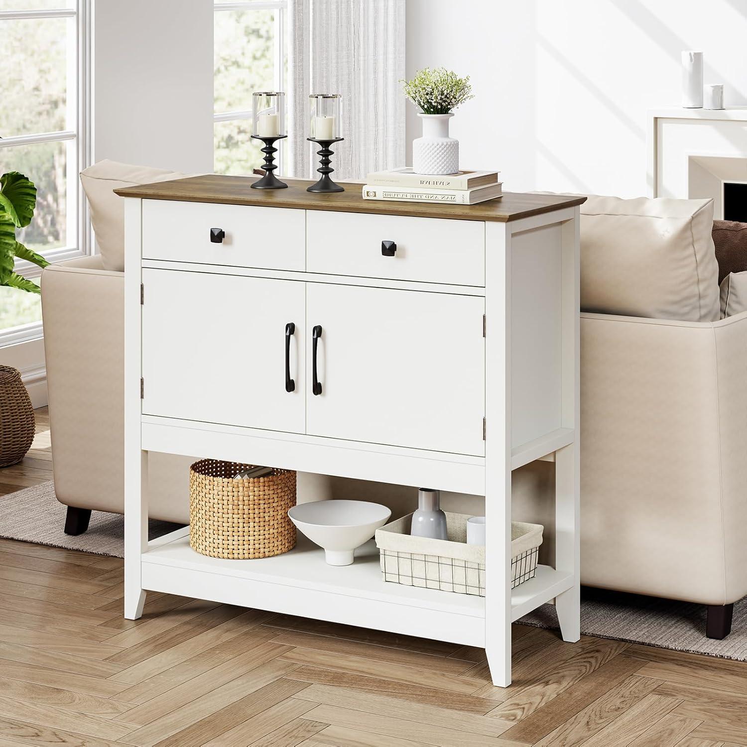 Console Table Sofa Table,Coffee Bar Cabinet,35.5" Lx 13.8" W x 34.65" H,Entryway Table with 2 Drawers & 2Door Cabinet Buffet Sideboard for Kitchen Entryway,Hallway,Foyer,White