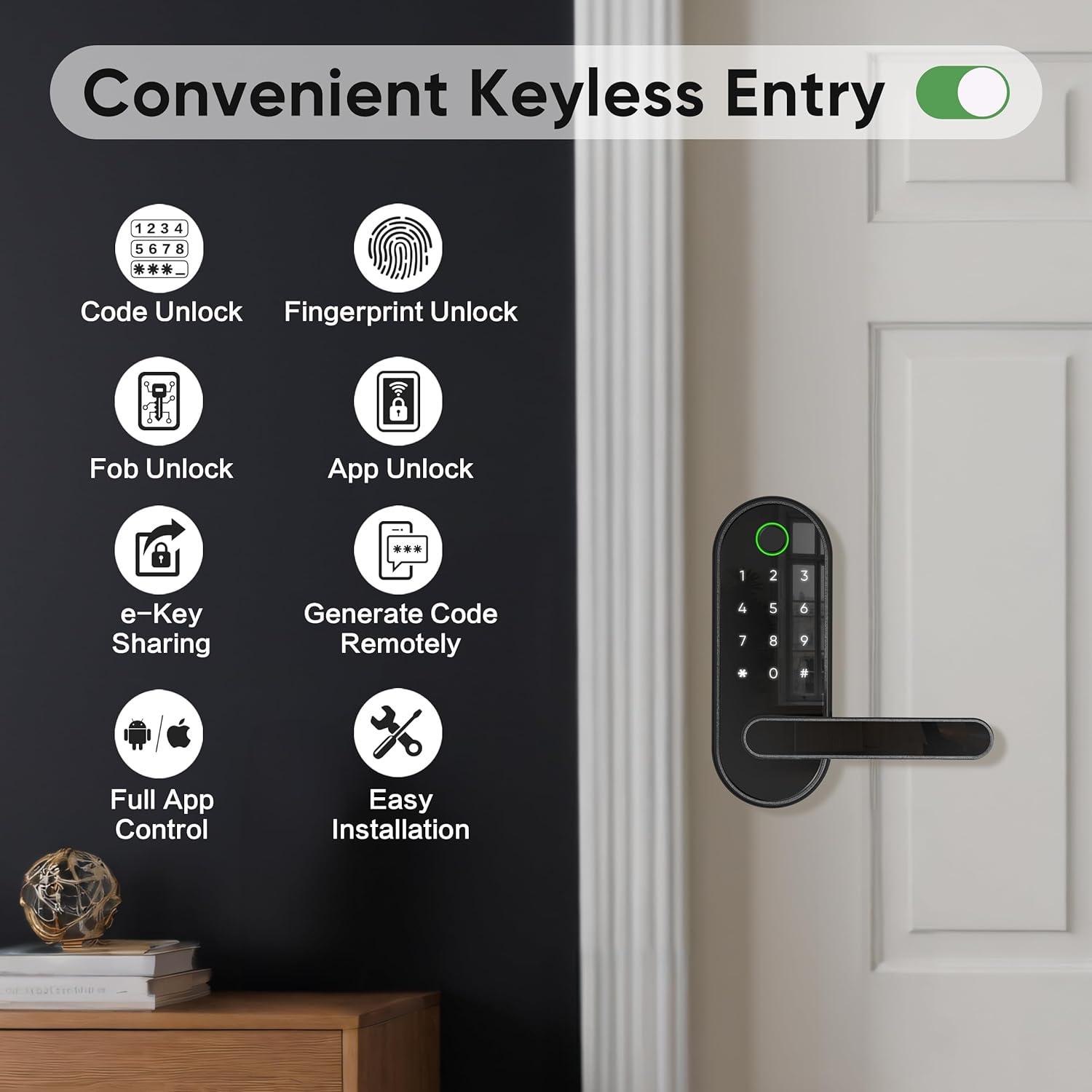 Keyless Entry Fingerprint Digital Smart Lock: Electronic Door Lock With Password, Electric Door Handle, Biometric Door Handle (Black)