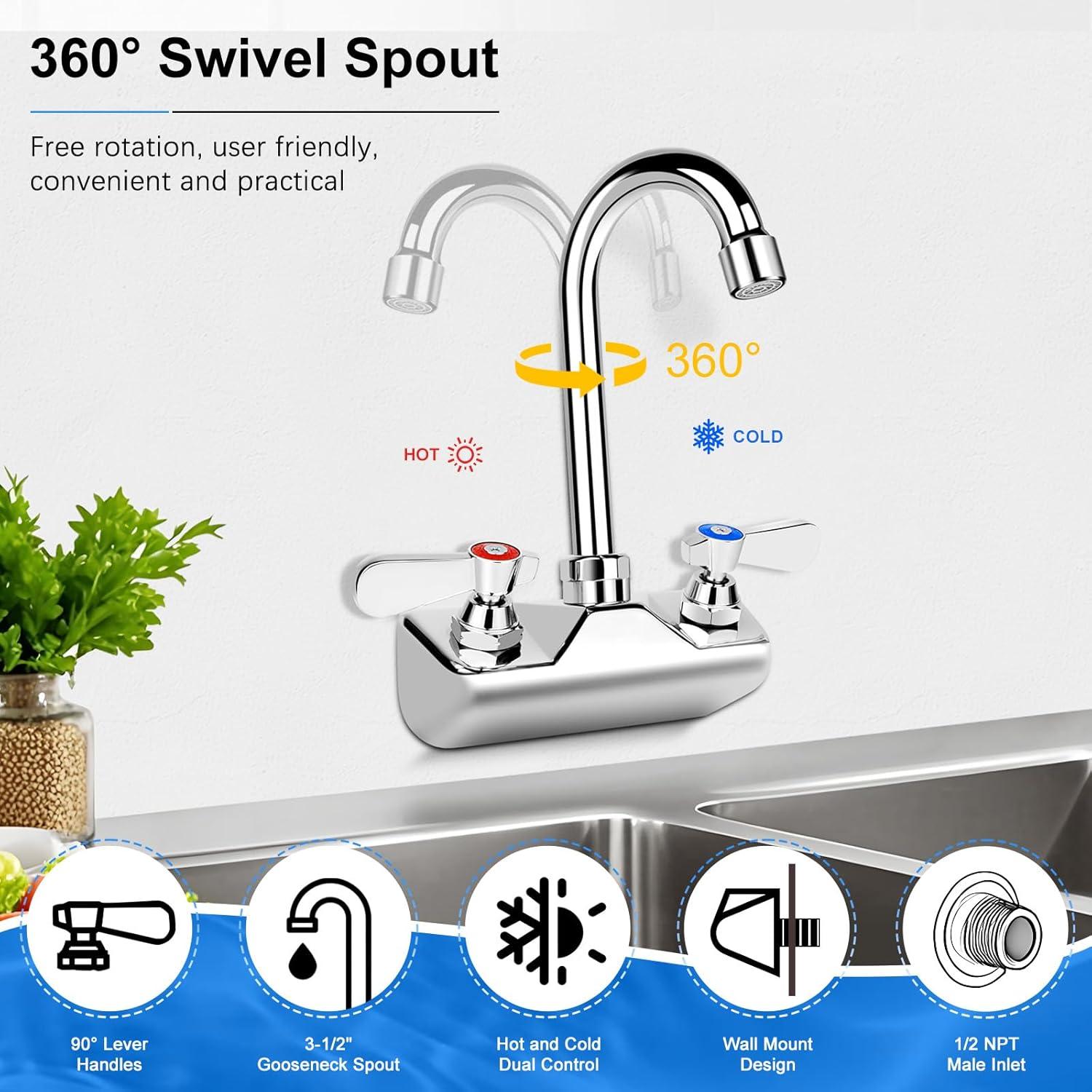 KWODE 4 Inch Center Commercial Hand Sink Faucet with 3-1/2”Gooseneck Spout, Dual Lever Handle Wall Mount Kitchen Sink Faucet, Brass Constructed, Chrome