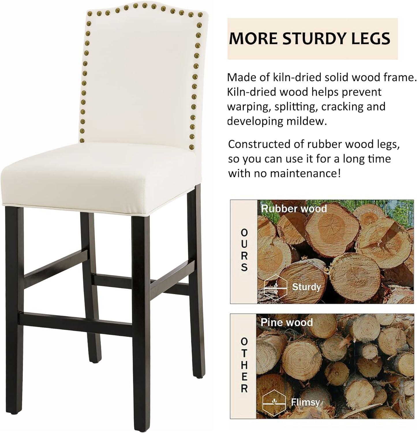 Set of 2 Leatherette PU Barstools with Studded Decor Off White - Glitzhome: Rubberwood Frame, Footrest, Modern Style