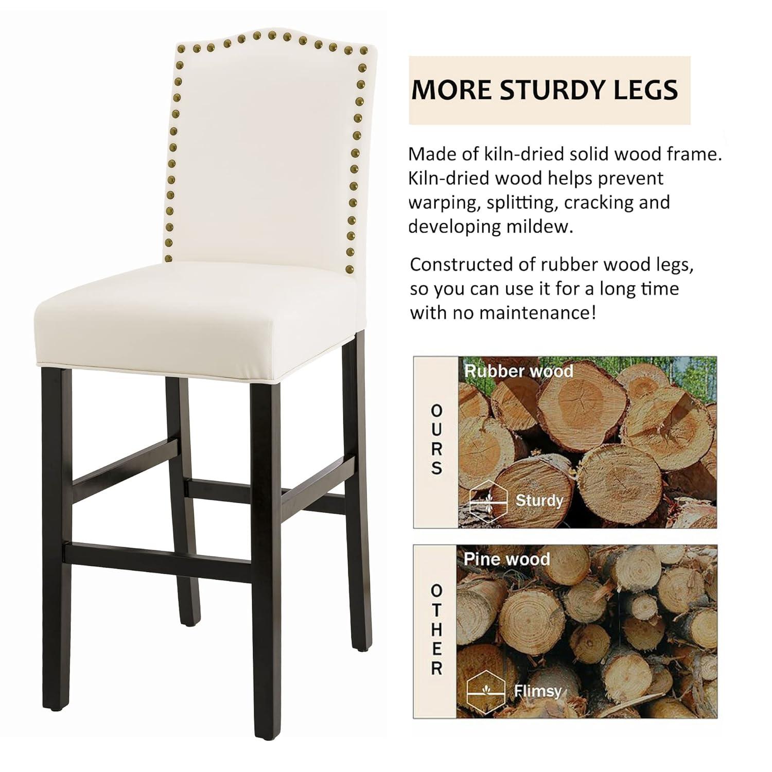 Set of 2 Leatherette PU Barstools with Studded Decor Off White - Glitzhome: Rubberwood Frame, Footrest, Modern Style