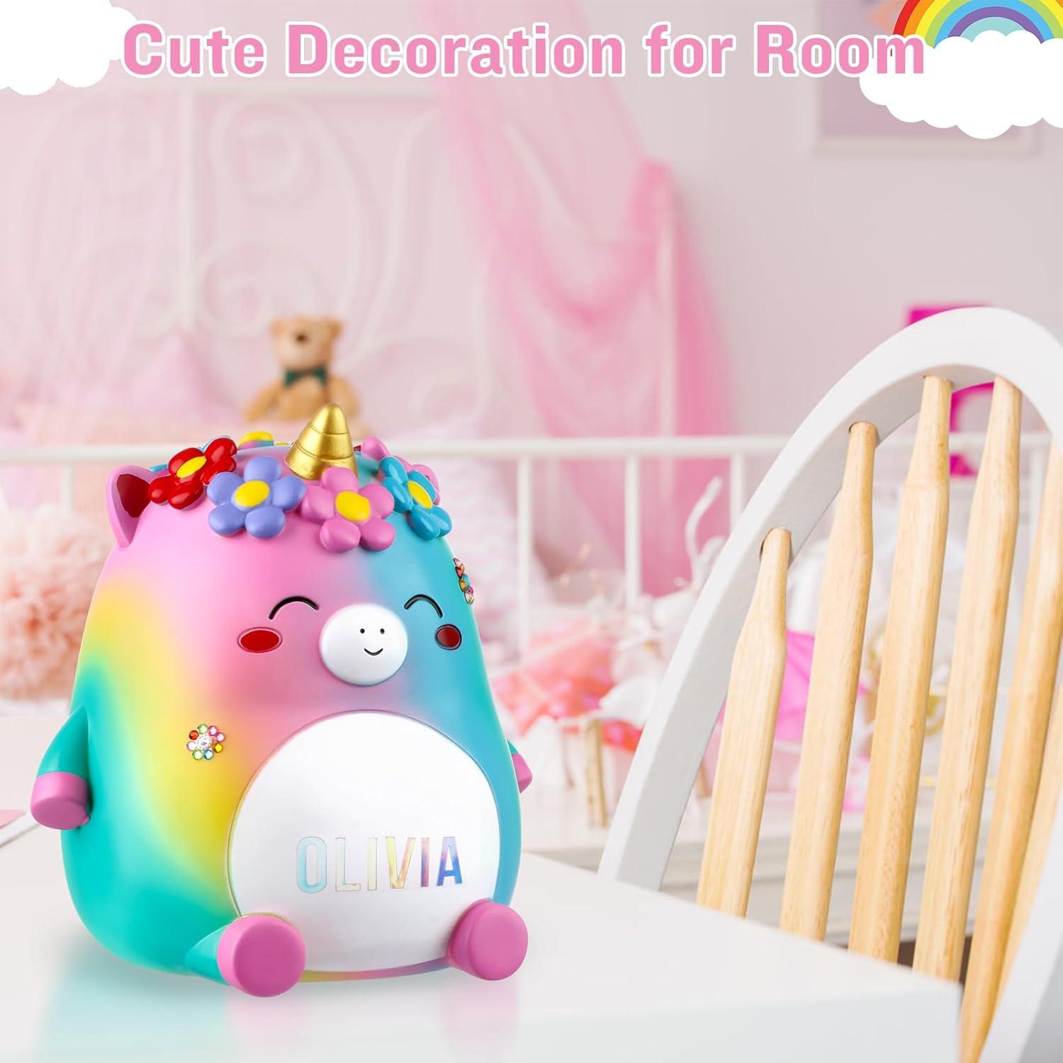 Unicorn Piggy Bank Girls – Cute Rainbow Kids Piggy Bank for Girls, Personalized Unbreakable Resin Coin Money Bank for Kids with Stickers for Toddlers