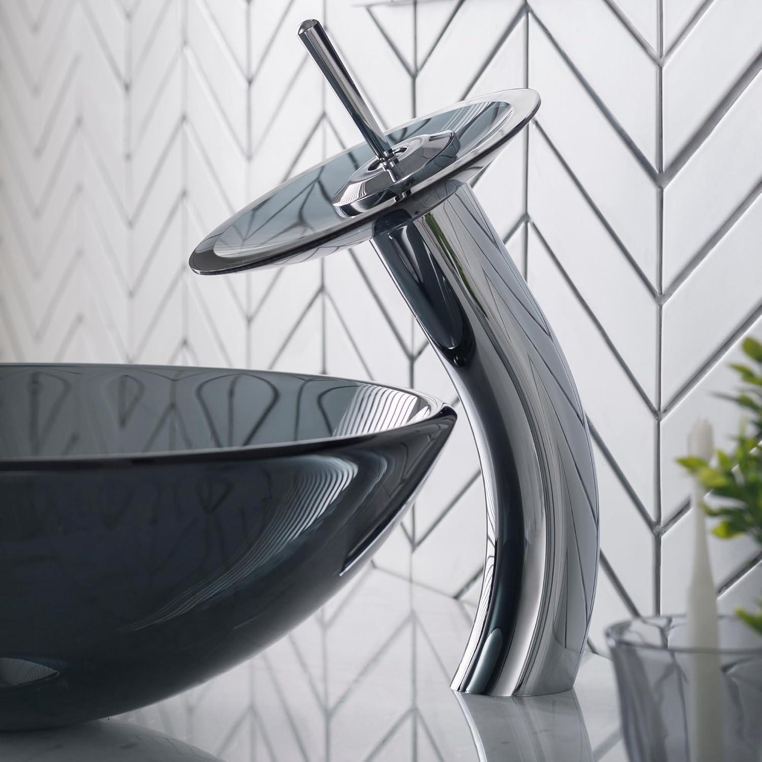 KRAUS Tall Waterfall Bathroom Faucet for Vessel Sink with Frosted Black Glass Disk, Satin Nickel Finish
