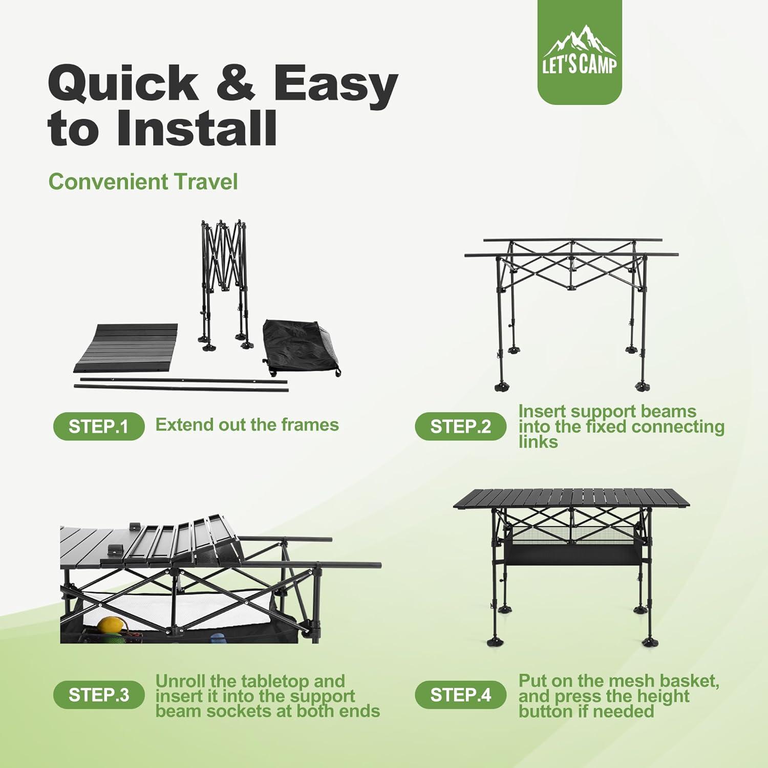 Folding Camping Table, Portable Aluminum Roll-Up Picnic Backpacking Table With Adjustable Height, Large Storage And Carrying Bag For Picnic, Camping, BBQ, Party, Backyard, Beach
