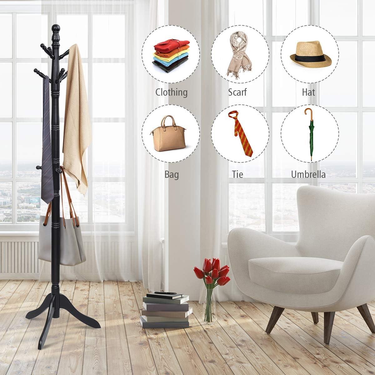 Wood Coat Rack Freestanding, Entryway Height Adjustable Coat Stand with 9 Hooks & Stable Tri-Legged Base, Rubber Wood Coat Tree Hall Tree Coat Hanger Stand for Home Office Hall Entryway, Black