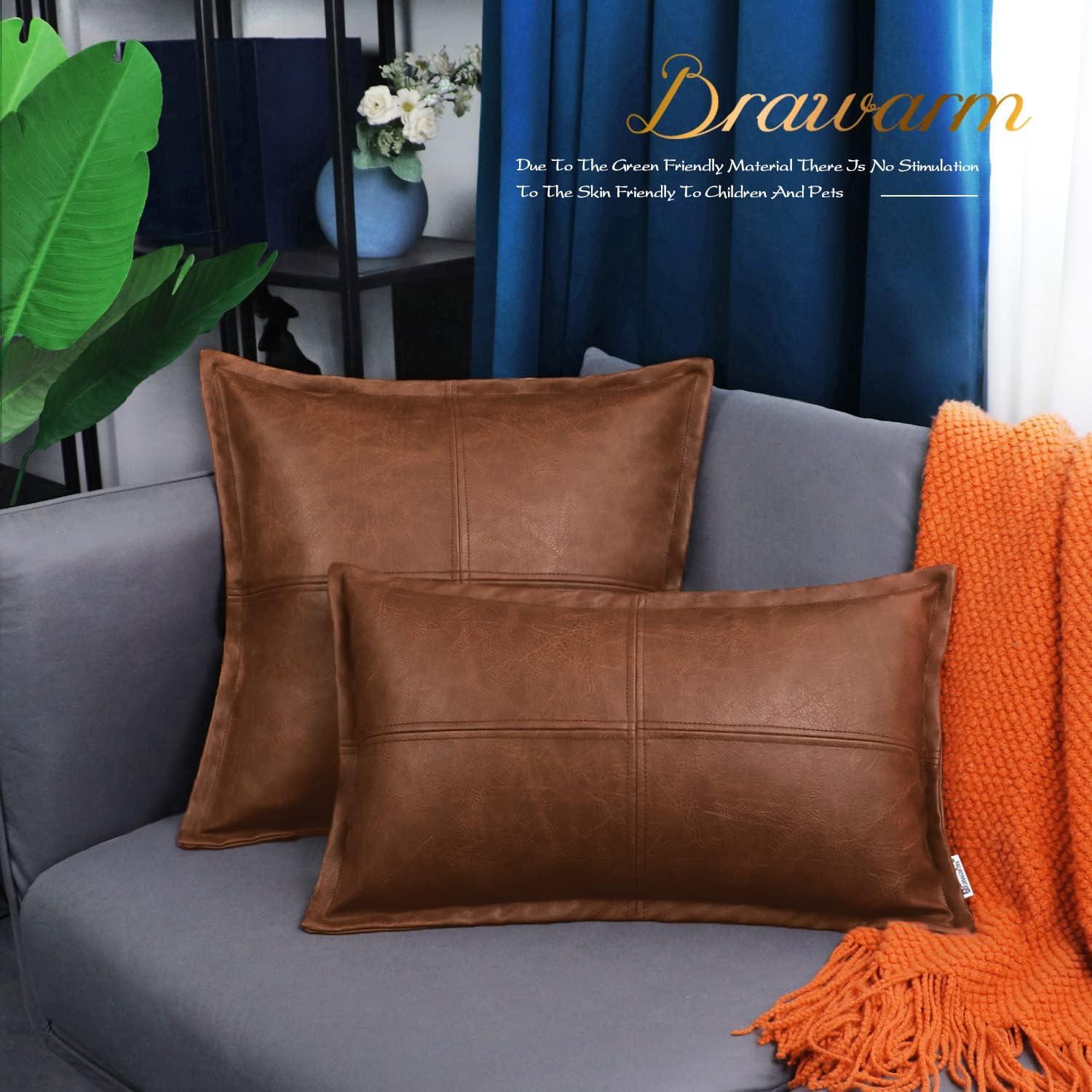 BRAWARM Dark Brown Leather Throw Pillow 12 X 20 Inches, Faux Leather Pillow Cover with Piping, Hand Stitched Leather Decorative Lumbar Throw Pillow Covers for Couch Sofa Bed Living Room Garden