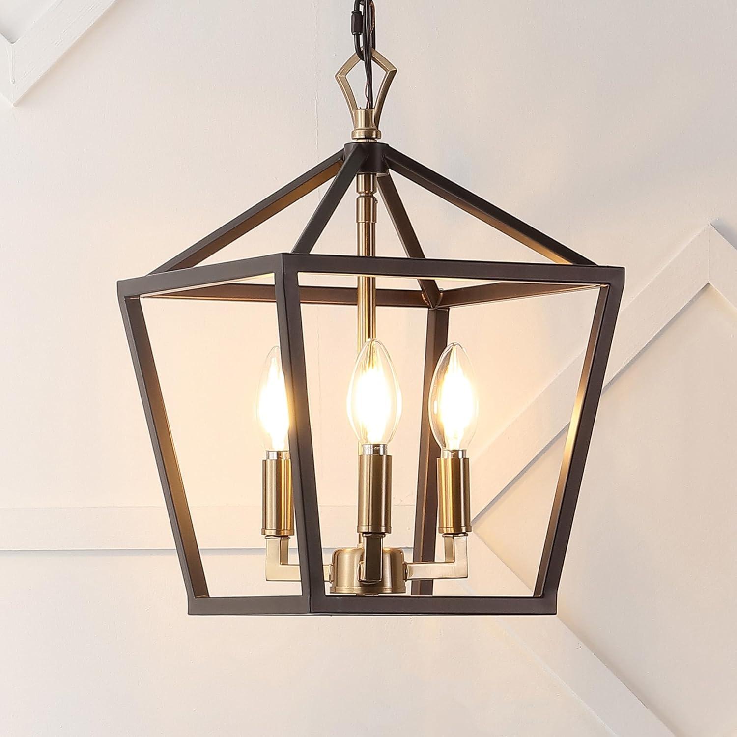 Ojai 10" 3-Light Iron Classic Modern Lantern LED Pendant, Oil Rubbed Bronze/Brass Gold