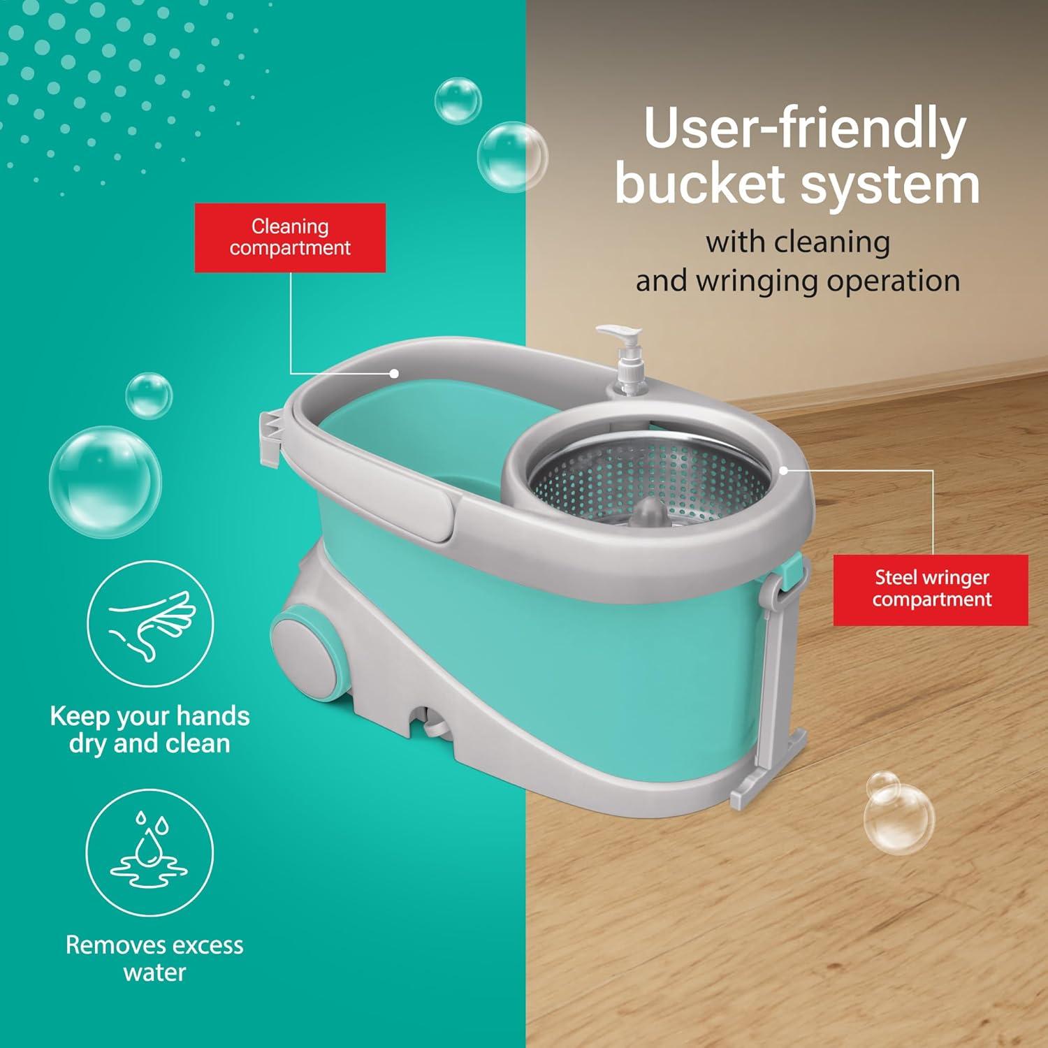 Spotzero Mop and Bucket with Wringer Set for Home, 360º Spin Mop and Bucket System with Microﬁber Technology, Height Adjustable Handle,