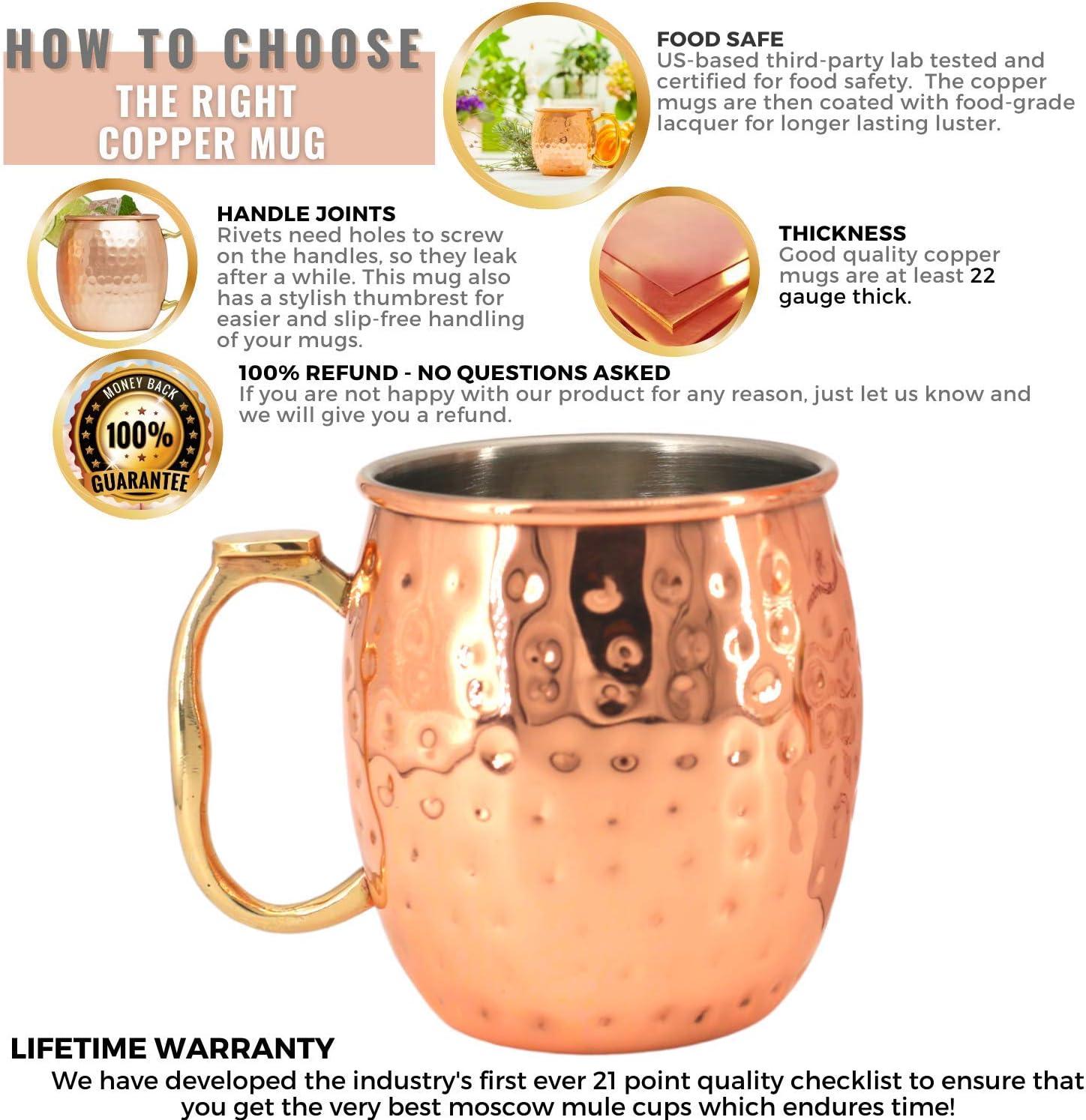 Handmade Copper Moscow Mule Mug Set with Brass Handles, 18oz, Set of 4