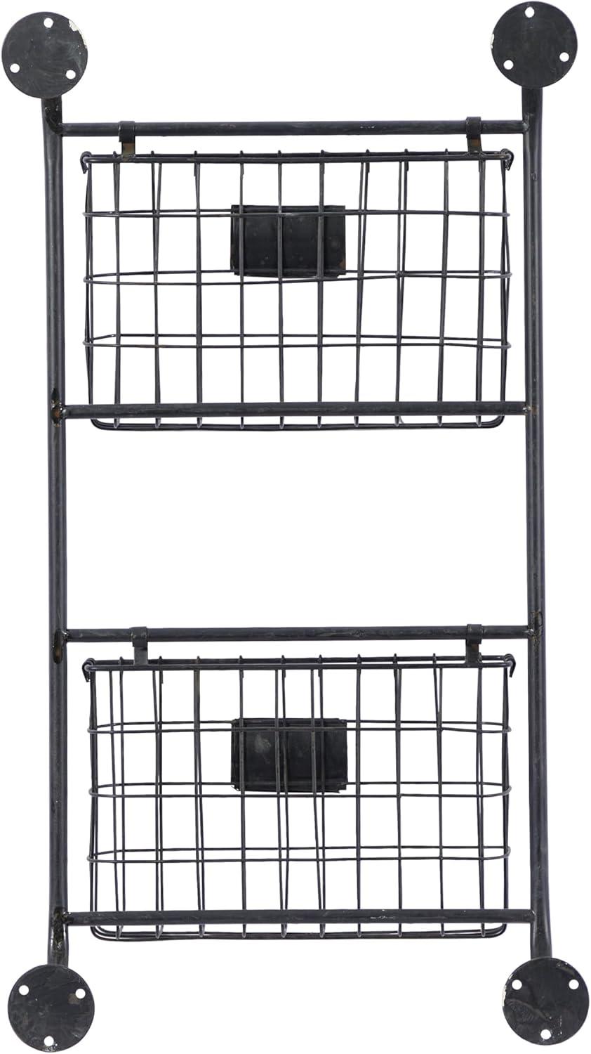 DecMode 28" Black Metal 2 Slots Magazine Rack Holder with Suspended Baskets and Label Slot