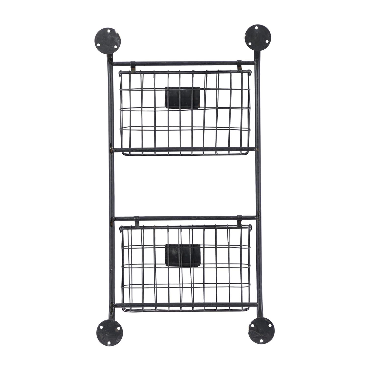 DecMode 28" Black Metal 2 Slots Suspended Wire Basket Magazine Rack Holder with Suspended Baskets and Label Slot