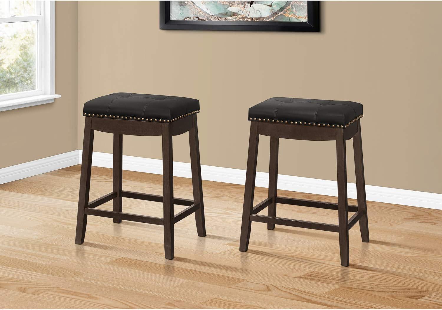 Monarch Specialties Bar Stool Set Of 2 Counter Height Saddle Seat Kitchen Wood Pu Leather Look White Grey Transitional