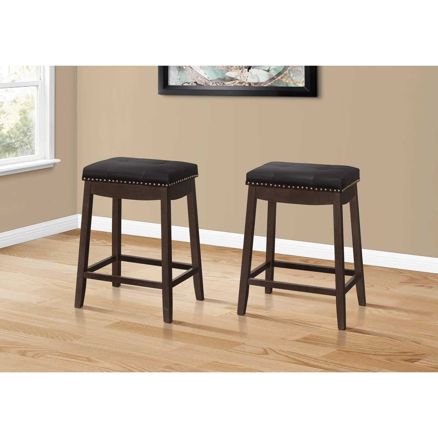 Monarch Specialties Bar Stool Set Of 2 Counter Height Saddle Seat Kitchen Wood Pu Leather Look White Grey Transitional