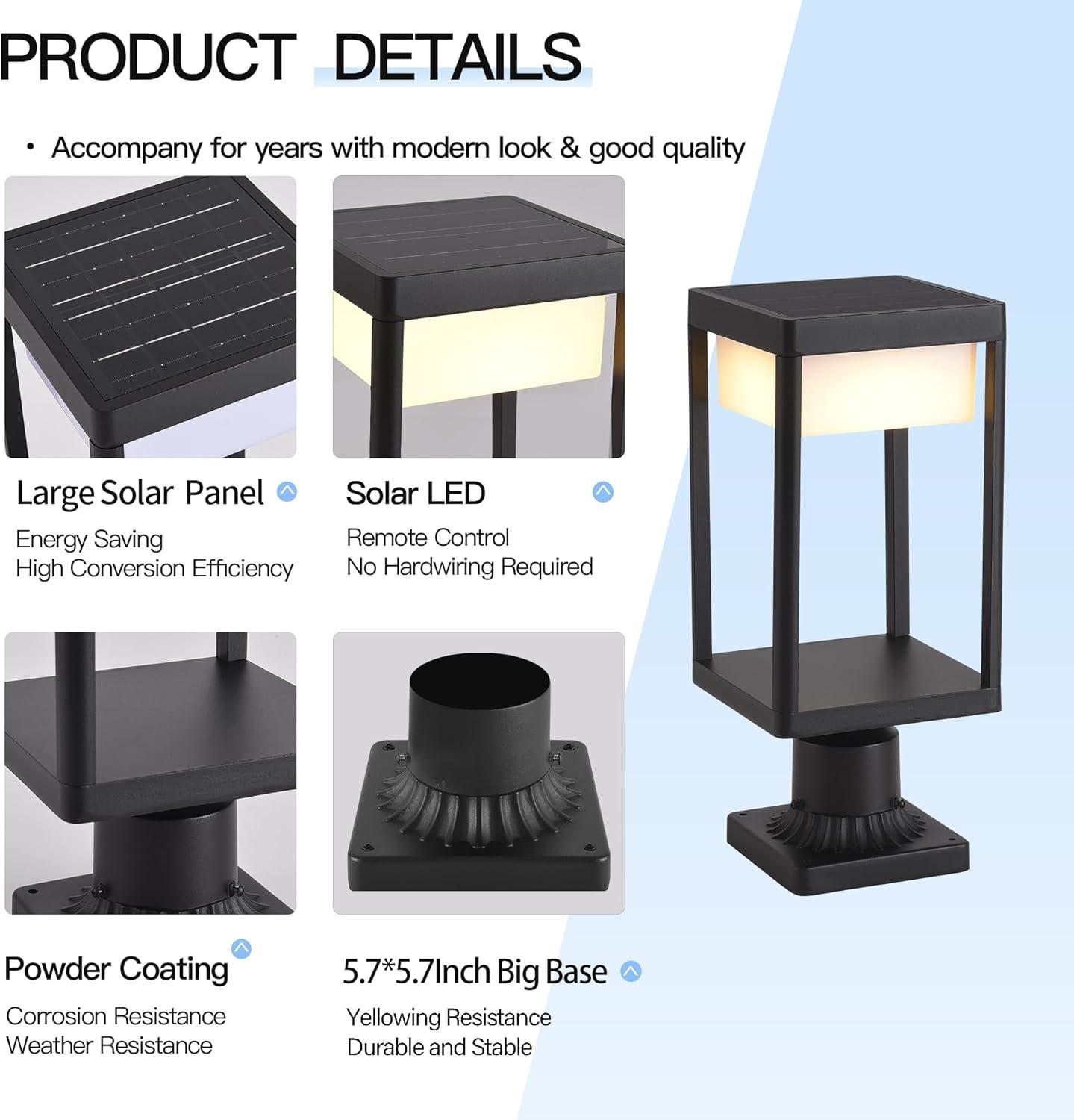 Solar Lamp Post Light, Solar Post Lights Outdoor Waterproof, Solar Light for Pole Outside, Dusk to Dawn Black Outdoor Light Pole with Remote Control, Three Modes