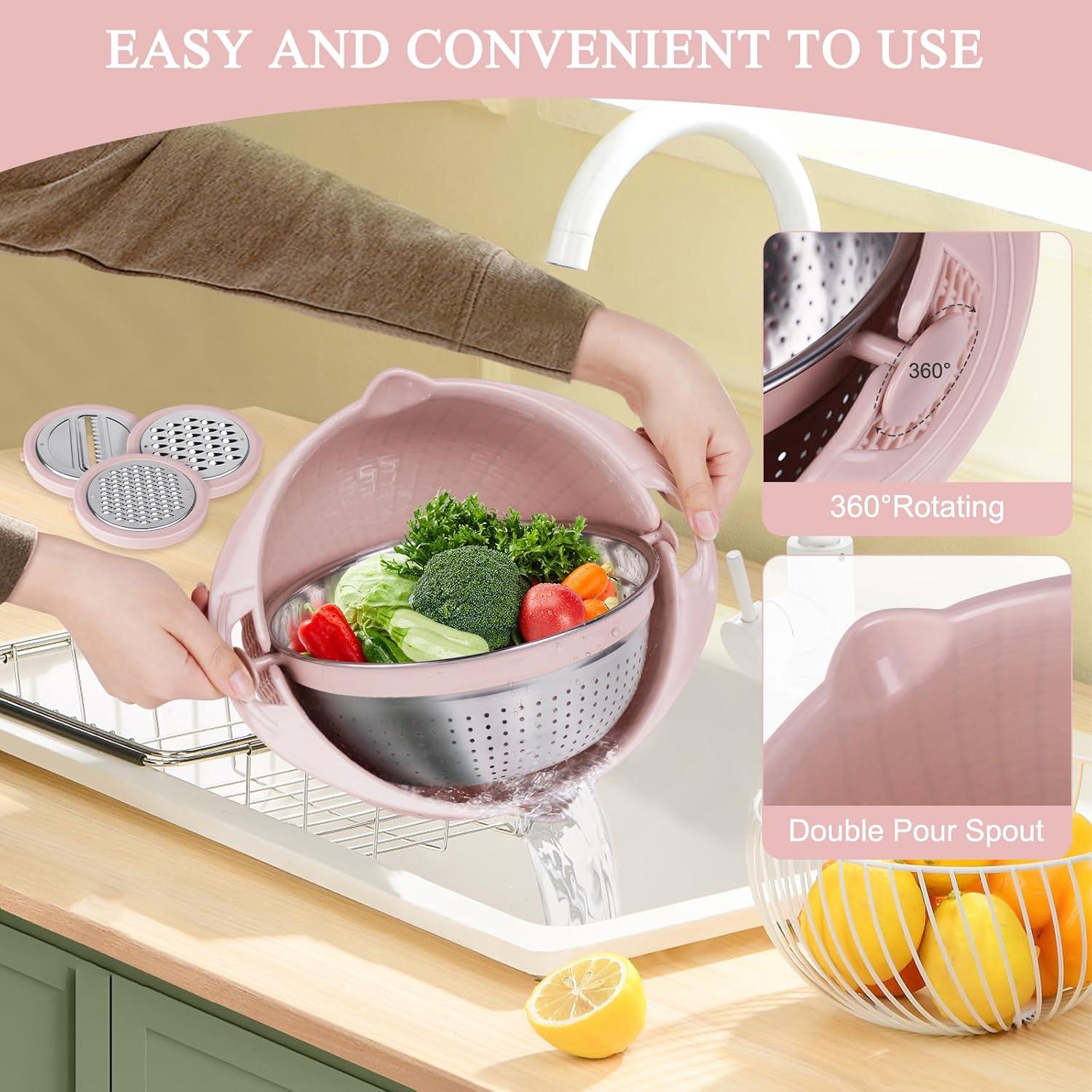 Pink 4-in-1 Stainless Steel Colander with Plastic Mixing Bowl Set