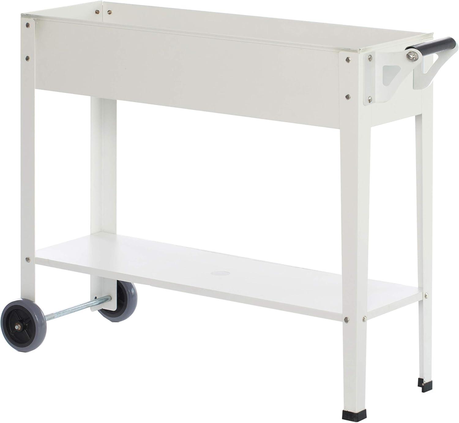 Elevated White Metal Mobile Planter Cart with Storage Shelf