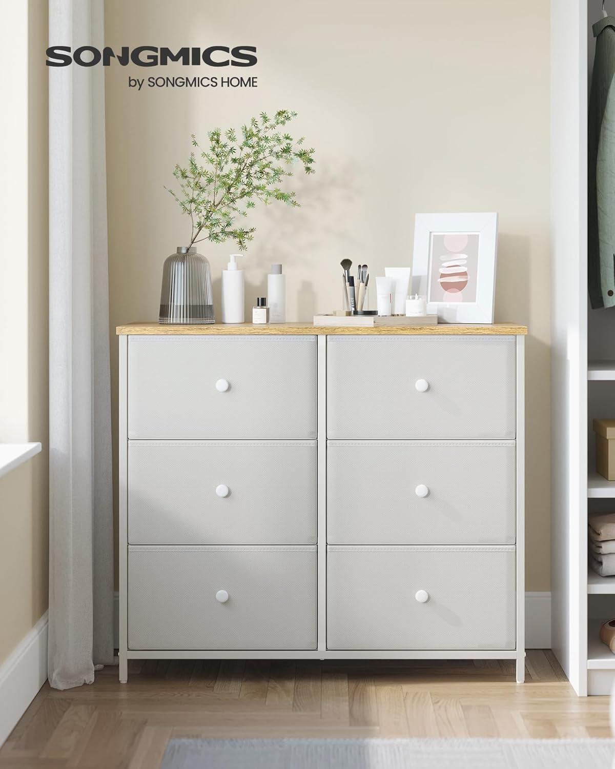SONGMICS Dresser for Bedroom, Chest of Drawers, 6 Drawer Dresser, Closet Fabric Dresser with Metal Frame, Cream White and Oak ULTS323W57