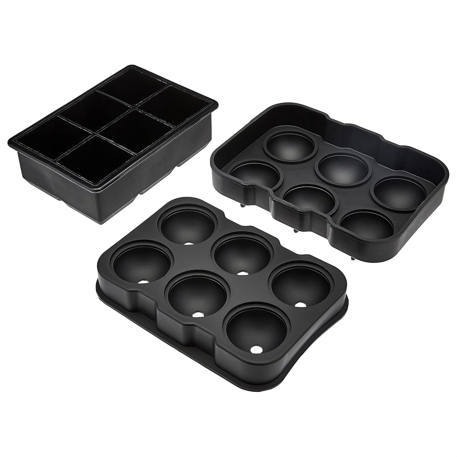 Silicone Rectangular Ice Cube Tray, Set of 2 with Sqaure, Ball shape mold, Black