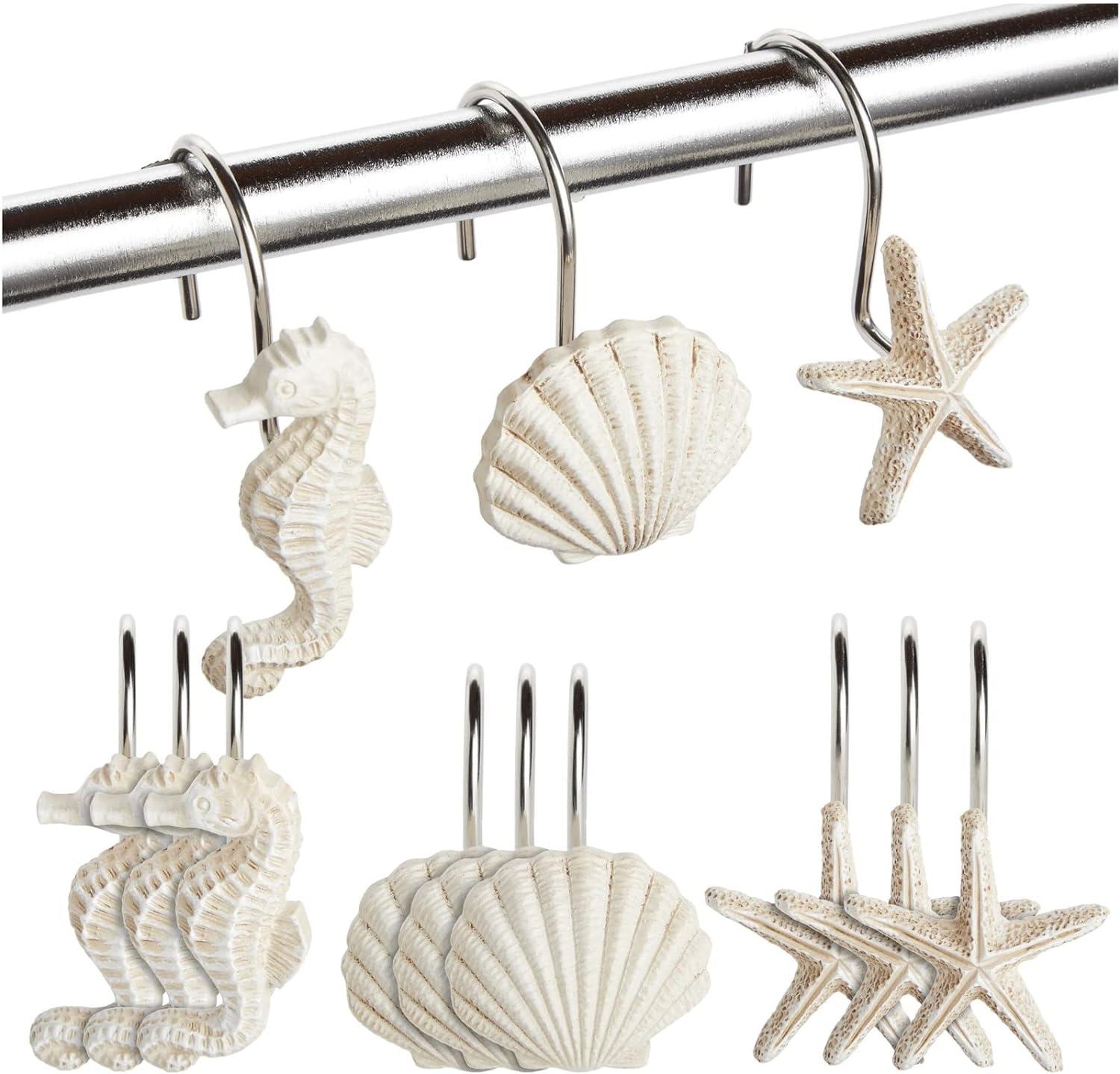 12-Pack Coastal White Seashell and Seahorse Shower Curtain Hooks