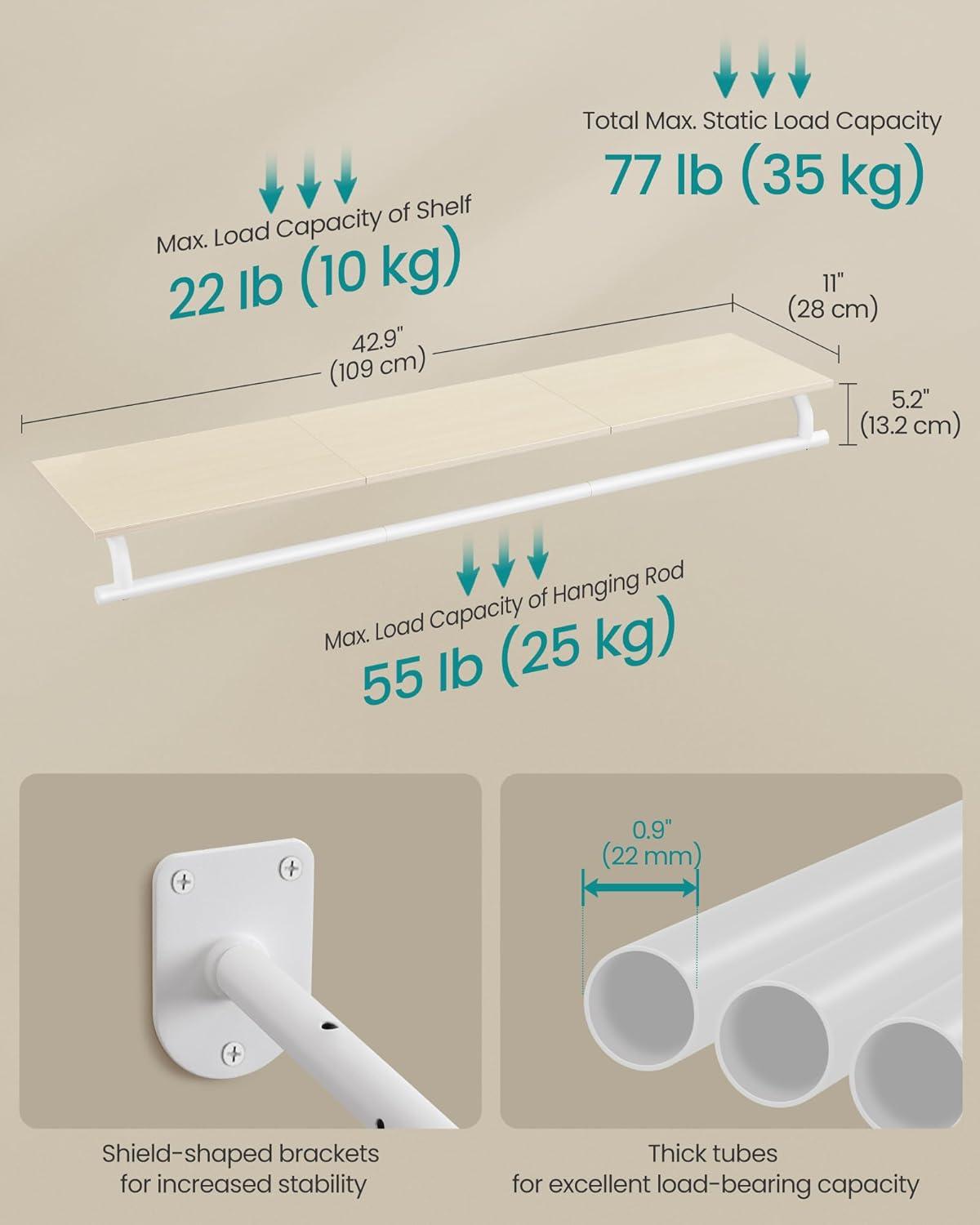 SONGMICS Clothes Rack with Top Shelf, Wall Mounted Clothing Rack, with Hanging Rod, Loads up to 77 lb, 11 x 42.9 x 5.2 Inches, Entryway, Bedroom, Closet, Natural Beige and Cloud White UHSR135W01