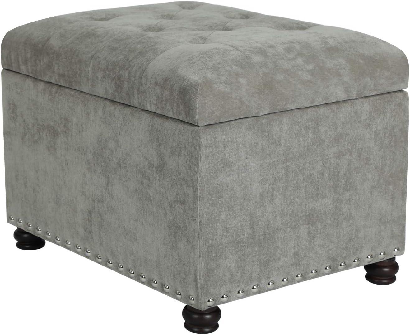 Light Grey Tufted Fabric Storage Ottoman Bench with Nailhead Trim