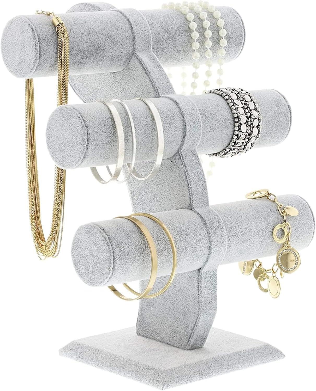 Juvale Velvet 3-Tier Jewelry Holder for Necklaces and Bracelets - Organizer Tower and Display for Selling (Gray)