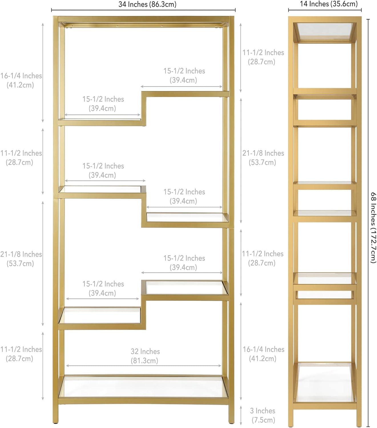 Contemporary 68'' Brass Metal and Tempered Glass 4-Tier Bookcase